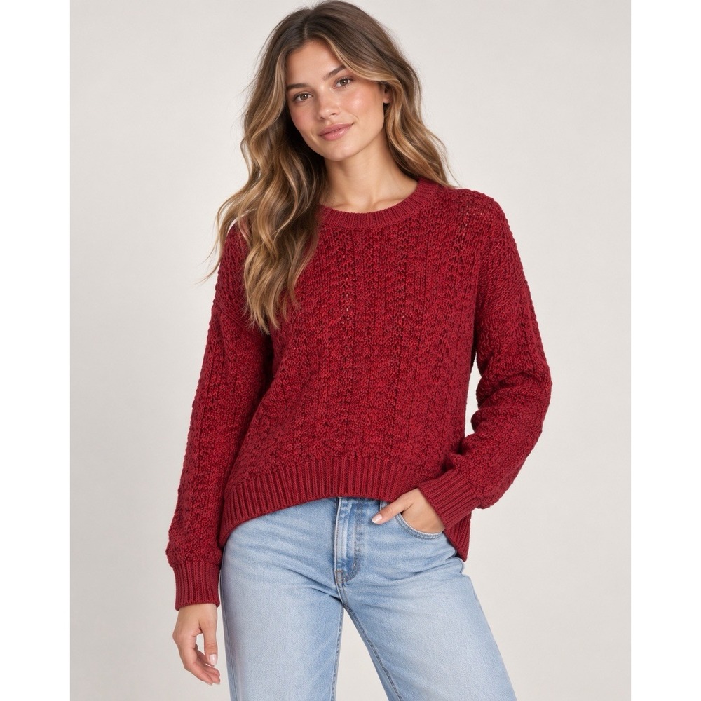 Vince Women's Xs Dark Red Open Knit Cotton Crewneck Sweater Relaxed Pullover